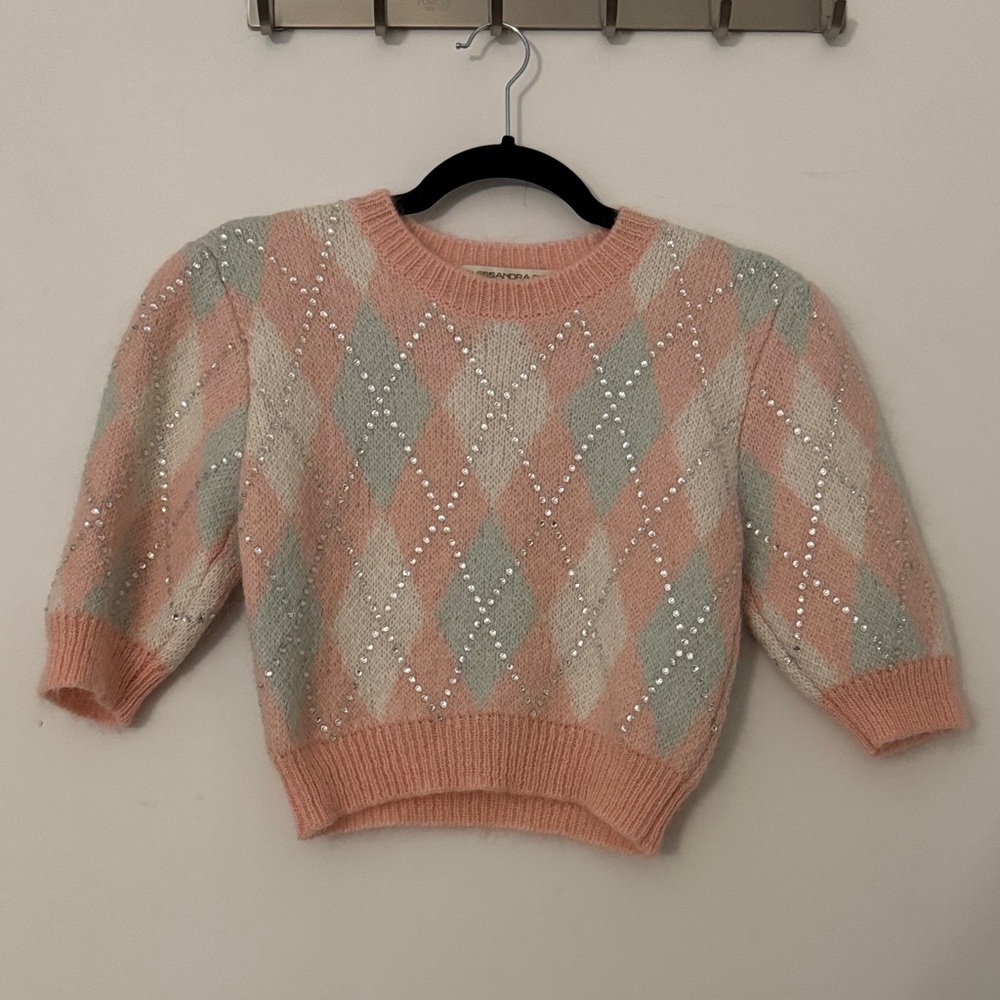 Alessandra Rich Pink and Cream Argyle Sweater